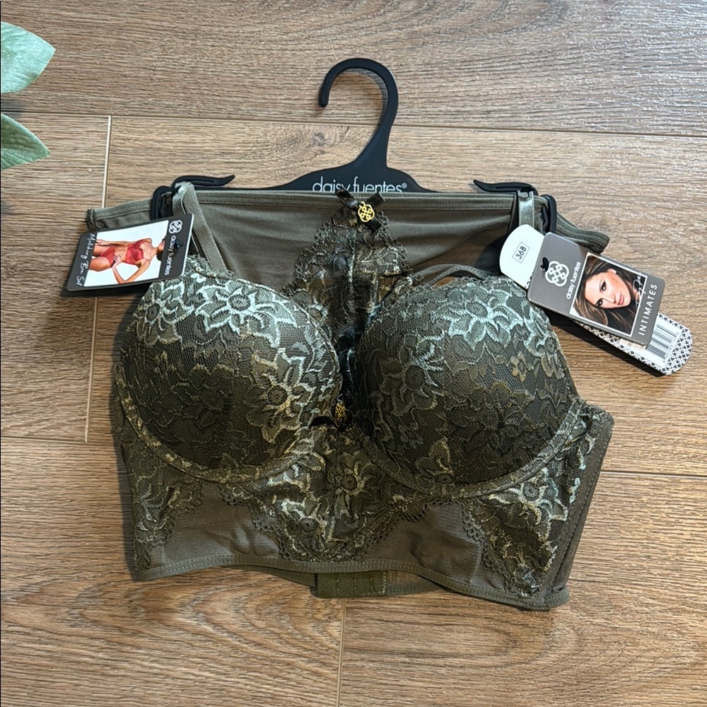 Daisy Fuentes Green Lace Panel Longline Bra Set size 36B/large